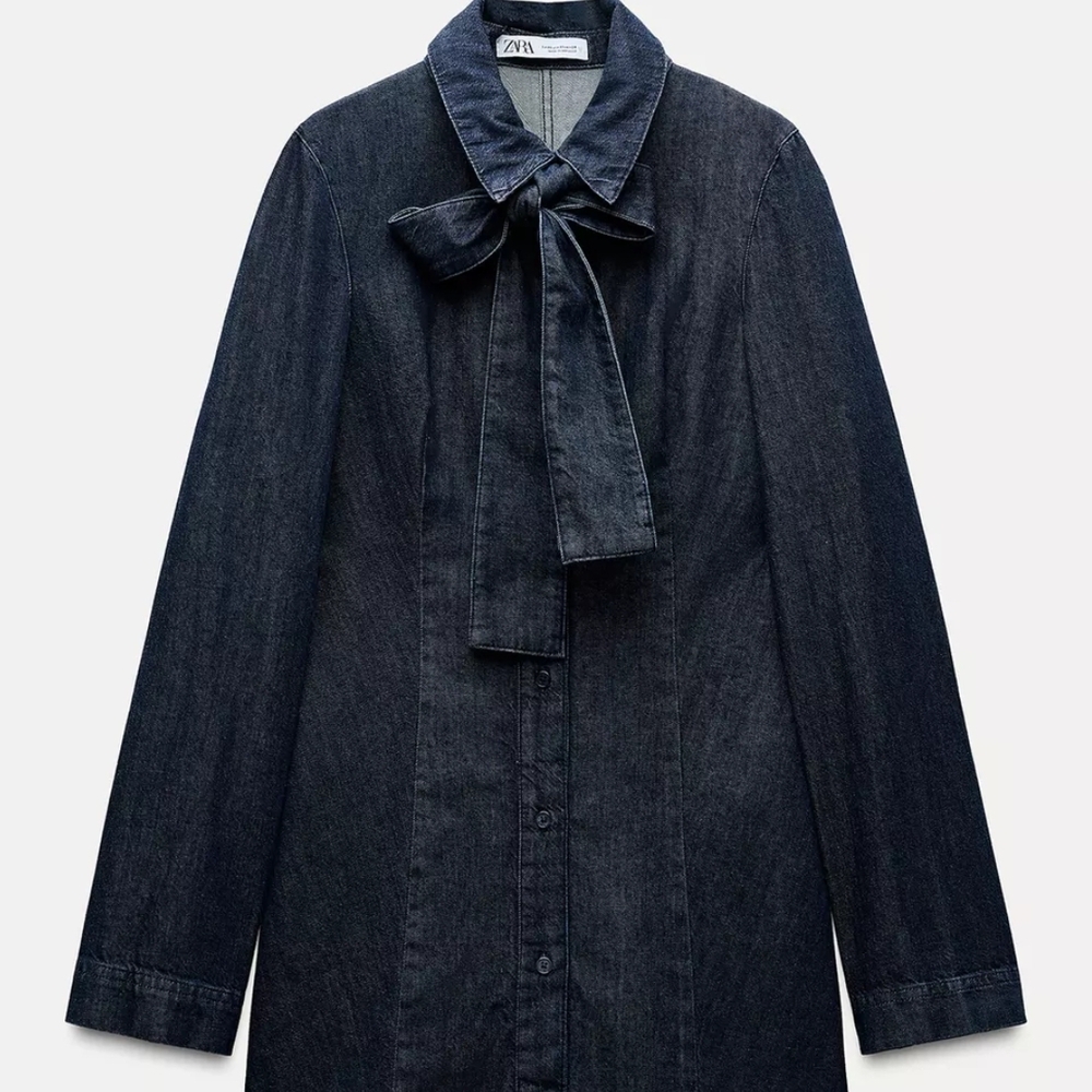 Zara Dark Denim Shirt Dress with Bow